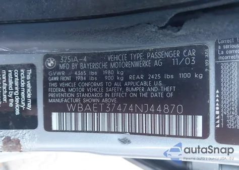 2004 BMW 325I from USA, damaged, VIN WBAET37474NJ44870